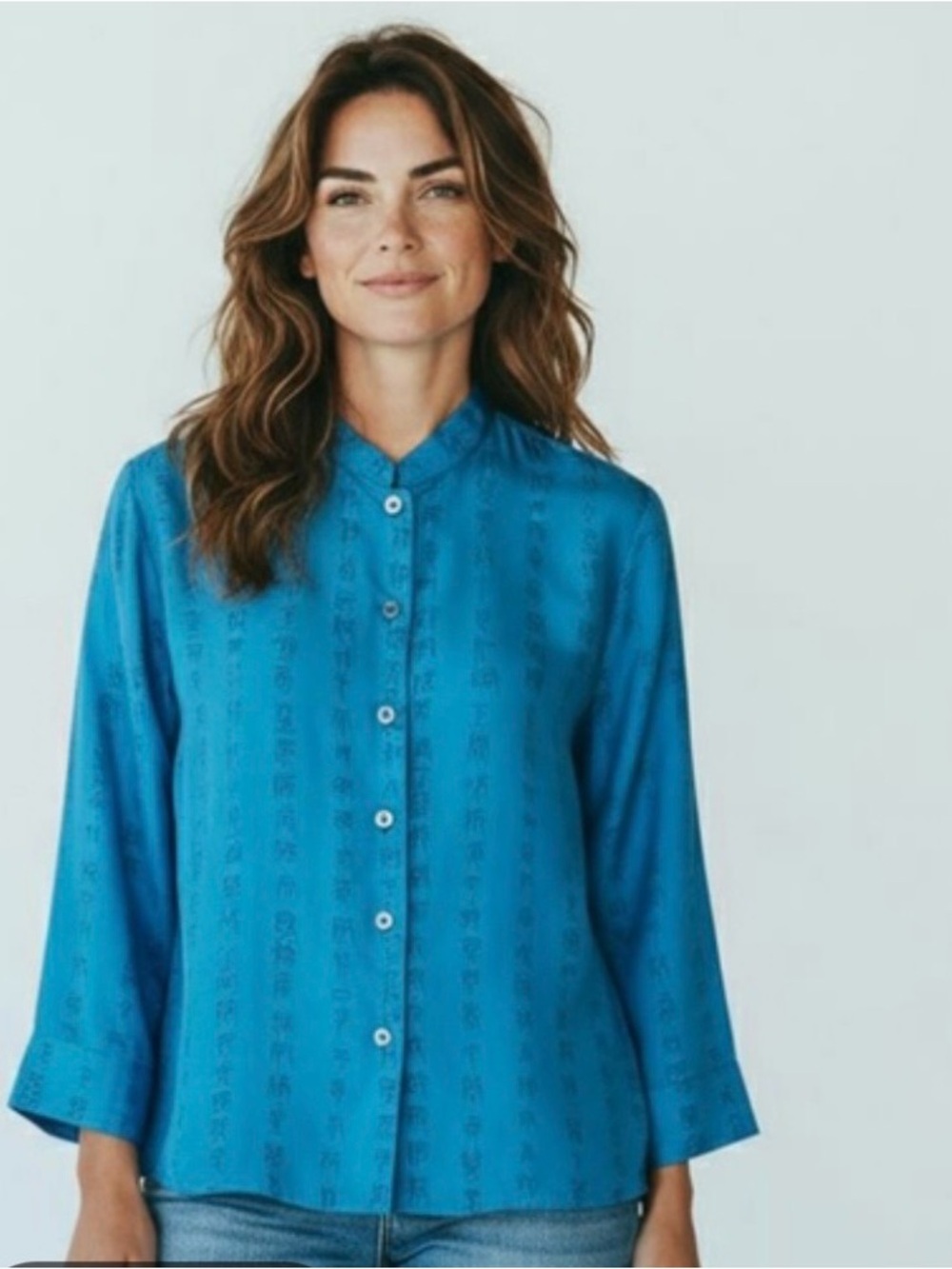 Chico's Vintage Asia Inspired Vibrant Teal 100% Silk Button-Down Shirt size 1